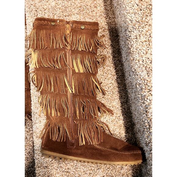 Minnetonka 5 Layer Fringe Boots Womens 8 Brown Suede Tall Zip Moc - Picture 6 of 10